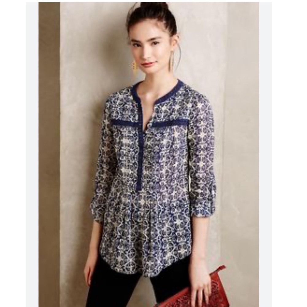 Maeve Anthropologie Blue White Damask Cotton Crochet Trim Peplum Blouse‎ Size 6